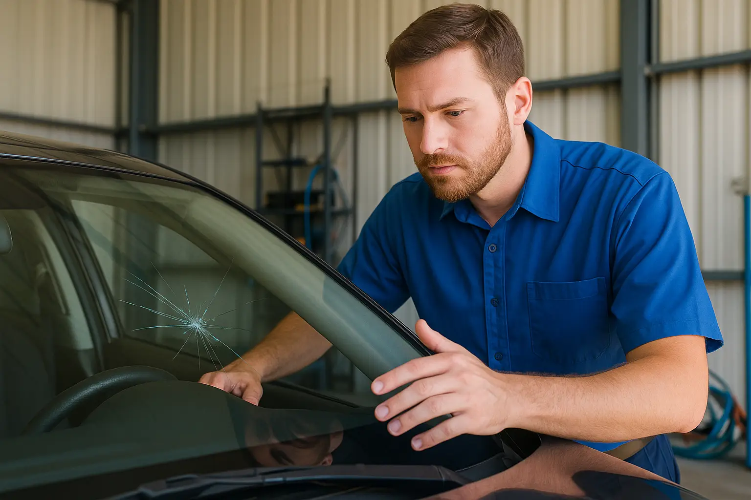 Auto glass technician in blue uniform carefully inspecting a cracked windshield on a silver car inside a bright repair shop.