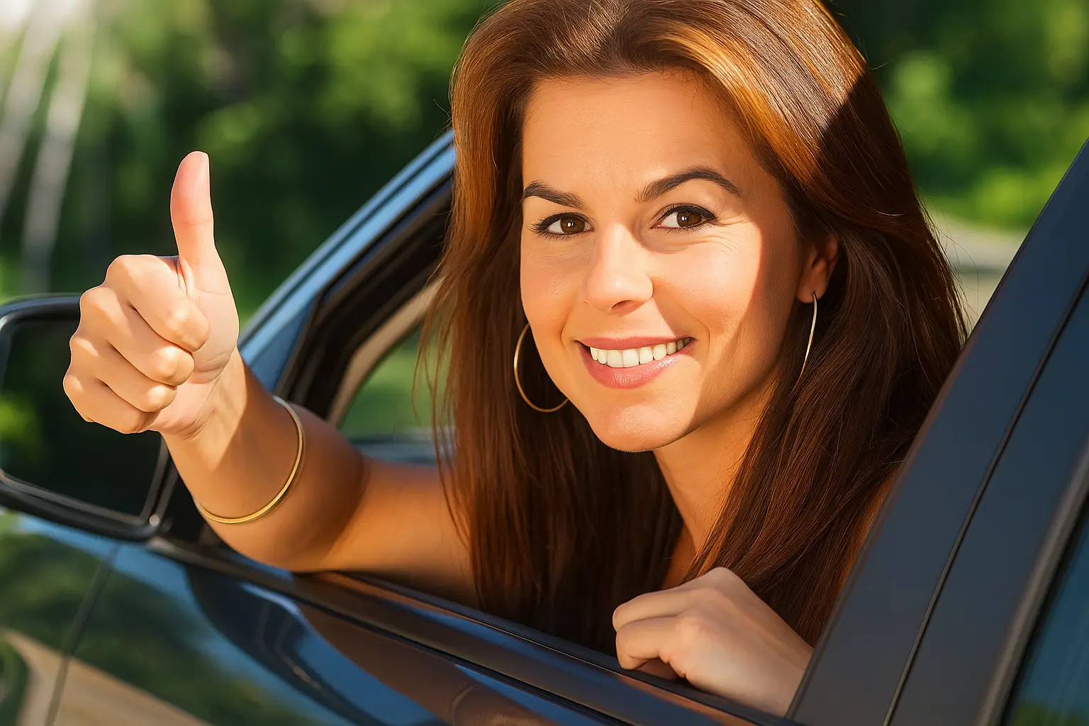 Smiling woman giving a thumbs-up from the driver’s seat of her car, showing satisfaction after auto glass repair service.