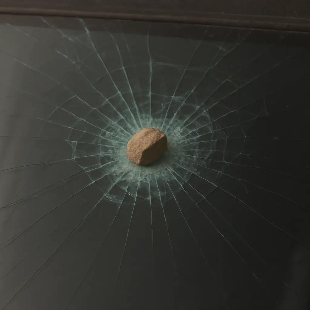 Close-up image of a small rock embedded in a cracked car windshield, showing spiderweb-like glass fractures typical of highway debris impact.